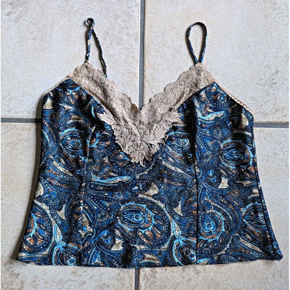 Victoria's Secret Medium Vintage Blue Paisley Satin Camisole Lace Neckline Lacey